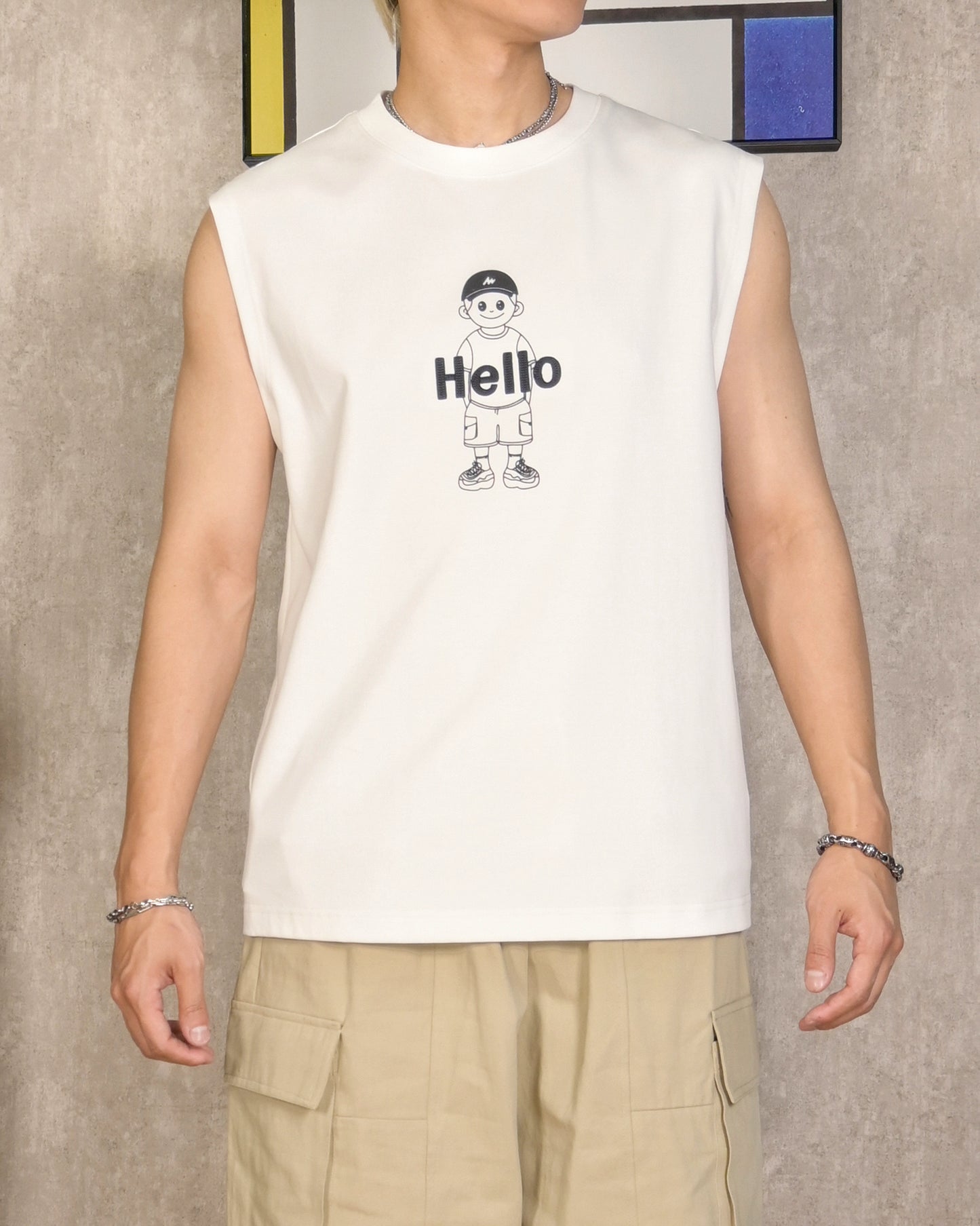 【潮流立體刺繡,寬肩棉背心】099