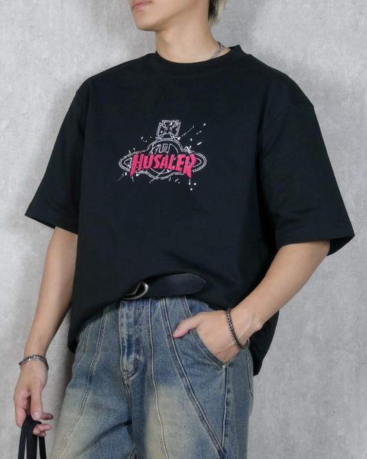 【濺墨立體刺繡，簡約落肩T】087
